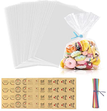 100 Stück Kleine Cellophantüten Klar, Flachbeutel Zellophantüten mit Metallischen Bindebaender, 10 * 15 cm Zellophantüten Tütchen für Süßigkeiten Schokolade Kekse