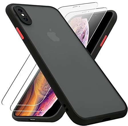 KIOMY case for iPhone X/iPhone Xs with 2 HD Tempered Glass Screen Protectors, Translucent Matte Protection Cover with Soft Edge, Hard PC Back and TPU Hybrid Anti Yellow slim fit shell, 5.8 inch black