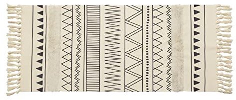 Yomshi Getuftet Baumwolle Teppich Läufer mit Quasten 60x130cm Boho Bedruckte Moderne Handgewebt Teppiche Waschbar Vintage Teppich für Wohnzimmer, Küche, Flur, Schlafzimmer (Beige)