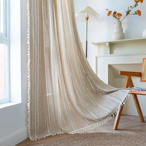 Sutuo Home Boho Curtain for Bedroom Living Room 84 Inches Length, Light Filtering French Country Farmhouse Vintage Chic Tassels Hollow Window Treatment Bohemian Drape, 1 Panel 52 W x 84 L Natural