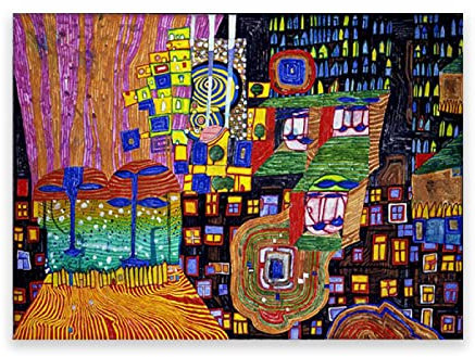 Friedensreich Hundertwasser Berühmte Gemälde auf Leinwand. (992 Stadtansicht) Reproduktion auf Leinwand, Wandkunst, Bilder für Heimdekoration. 60 x 90 cm (23,7 x 35,5 Zoll) rahmenlos
