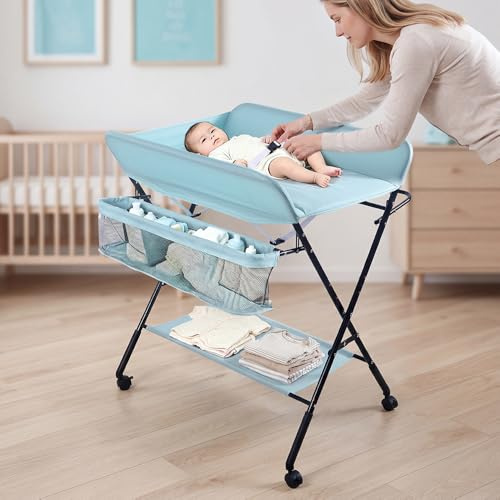 Supfine Wickeltisch Klappbar für Neugeborene mit Aufbewahrungskorb und Sicherheitsgurt - Tragbarer Wickeltisch auf Rollen, Höhenverstellbar in 3 Positionen, Ergonomisch (Hellblau)