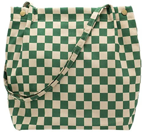 PAZIMIIK Cord-Tragetaschen für Damen, Reisen, wiederverwendbar, Einkaufen, Schultertasche, Alltagstasche für die Arbeit, kariert grün, Medium, Kariert