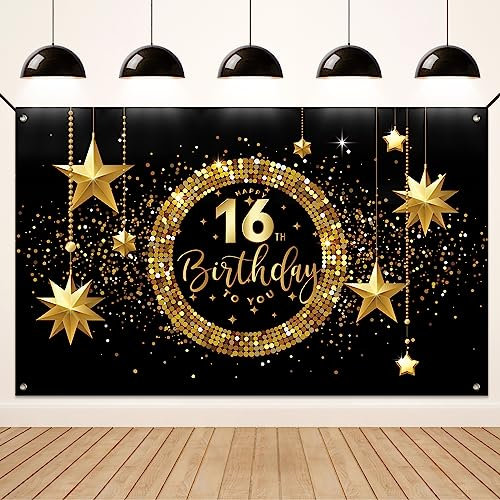 Koliphy 16. Geburtstag Deko, 16. Happy Birthday Banner für Jungen Mädchen, Schwarz Gold Stoff 16 Geburtstagsbanner Hintergrund Party Dekoration Drinnen und Draußen