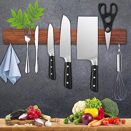 Dmore Magnetic Knife Holder Walnut with 2 Hooks, 40 cm Magnetic Strip Knife, Extremely Self-Adhesive Magnetic Knife Holder Wood for a Tidy Kitchen
