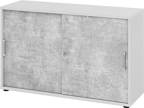 bümö Schiebetürenschrank 2OH - Aktenschrank abschließbar, Sideboard Schrank mit Schiebetüren in Grau/Beton - Büroschrank aus Holz mit Schiebetür, Büro Kommode für Ordner & Co.