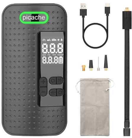 picache GA02 Cordless Tyre Inflator, Rechargeable Dual Display 150PSI Air Compressor, Electric Bike Air Pump with LED Light for Cars, Motorcycles, Bicycles, Balls, Scooter, Swimming Rings