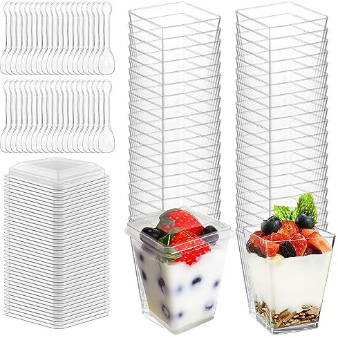 FINEASY 40 Piezas Vasitos Plastico para Postre, Vasitos Aperitivos Plastico 5oz/150ml con Cucharas Plástic y Tapa, Tazas de Postre Reutilizables Cuadrados Transparentes para Mousse Pudín Helado