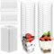FINEASY 40 Piezas Vasitos Plastico para Postre, Vasitos Aperitivos Plastico 5oz/150ml con Cucharas Plástic y Tapa, Tazas de Postre Reutilizables Cuadrados Transparentes para Mousse Pudín Helado