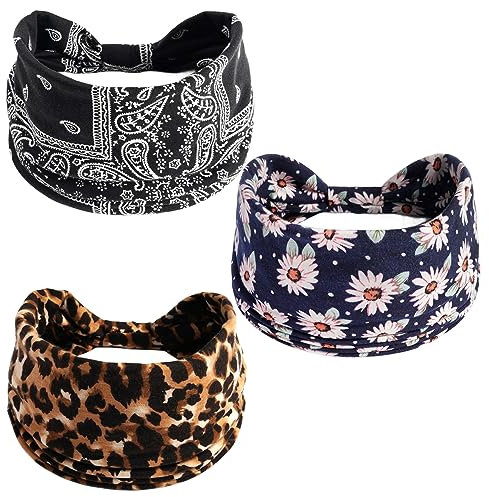 scicent Haarband Damen 3 Stück Boho Stirnband Kopfband Gedruckt Stirnbänder Knoten Verdrehtes Elastische Kopf Wickeln Niedlich Haarschmuck für Mädchen - 13528