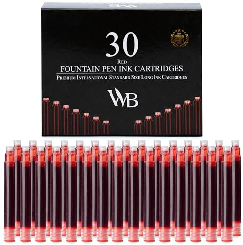 Wordsworth & Black Fountain Pen Ink Refills - Set of 30 Red Ink Cartridges - International Standard Size - Length APPR 2.3 - Base Diameter APPR 0.24 - Disposable and Generic