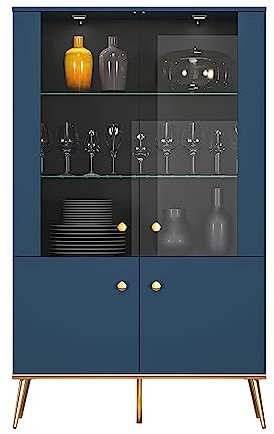 Lomadox Highboard Vitrinenschrank inkl. LED-Beleuchtung in dunkelblau mit goldfarbenen Griffen und Füßen, B/H/T ca. 92/152/40 cm