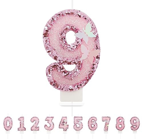 Number 9 Candle,Pink Butterfly Birthday Candles 9 for Girl,Cake Topper Number Candles Birthday Decoration for Girls Birthday Party