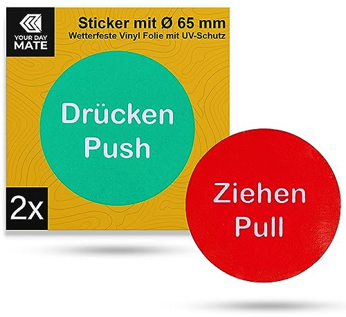 Aufkleber Set Drücken Ziehen Push Pull, 1 Paar, Ø 65 mm, doppelseitige selbstklebende Folie, Klebeseite bei Ziehen, Türschild Klebesticker für Innen- und Außenbereich, Hinweis Schild Klebepad Kit