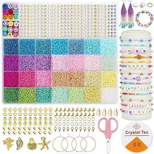 WINAROI 28 Farben Perlen zum Auffädeln Kit, 3mm Perlen Set 14000PCS, Glasperlen mit Smiley und A-Z Buchstaben Perlen Selber Machen Armbänder Charm Kit für DIY Armband Schmuckherstellung