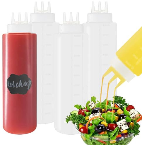 YBCPACK Quetschflasche 32oz, 4er-Pack Ketchup-Flasche mit 3 Spritzdüsen, Squeeze Flasche, auslaufsicher, mit Messskala