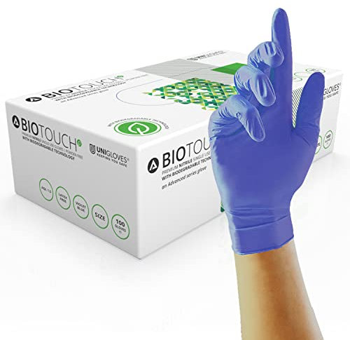Unigloves Biotouch GM0081 Guanti Monouso Biodegradabili in Nitrile - Multiuso – Senza Lattice né Polvere - Guanti Adatti per Ambiti Medici – Touchscreen - Violetto Blu - Taglia XS (100 Guanti)