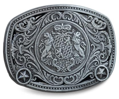 Schöneberger Trachten Couture Gürtelschnalle Hirsch & Wappen, Wechselschließe für 40mm Gürtel - Lederhosen Trachtenschnalle Bayern für Trachtengürtel (Wappen/Silber-Antik)
