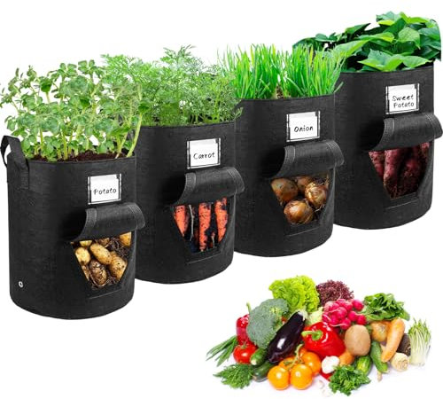Qoosea 10 Gallonen Kartoffel Pflanzsack aus Vlies Stoff, 4er Set 40L Atmungsaktive Pflanzen Tasche für Balkon Terrasse & Garten, Pflanztaschen mit Griffe für Tomaten,Kartoffeln, Erdbeeren - Schwarz