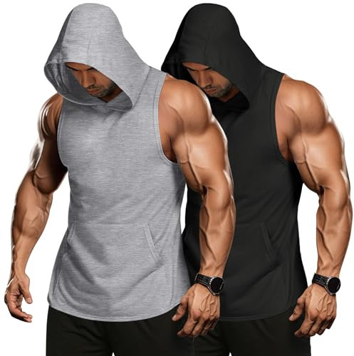 COOFANDY Workout Tank Tops Herren Muskelshirts Gym Bodybuilding Shirts Ärmelloser Hoodie Fitness Shirts Gym Kaputzenpullover ohne Taschen Schwarz/Hellgrau(2 Stück) XL