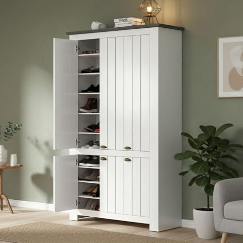 Dmora - Schuhregal Tazio, platzsparendes Schuhregal mit 6 Türen, multifunktionale Eingangsgarderobe, 114x42h200 cm, Weiß und Schiefer