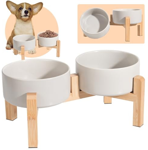 Comedero y Bebedero Elevado Para Perro - Cuenco Doble de Cerámica Con Soporte de Bambú - Platos Para Comida y Agua - Bol Para Perros Pequeños y Medianos - 2 x 850 ml