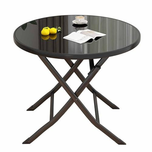 ZYBOWAYL Rund Klapptisch Ø60/70/80/90/100cm Klappbar Küchentisch mit Glasplatte Wetterfest Gartentisch Outdoor Beistelltisch Schwarz Couchtisch Platzsparend für Balkon Wohnzimmer(Size:90cm/35)