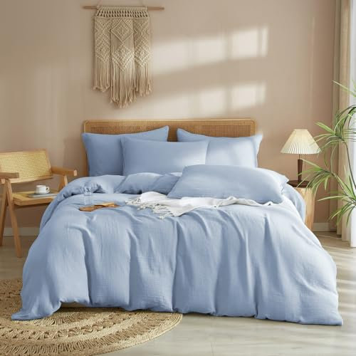 DXHOME Muslin Bettwäsche 135x200 Hellblau 100% Baumwolle Kinder Bettwäsche-Set Weiche Atmungsaktiv Bettbezug mit Reißverschluss + 1 Kissenbezug 80x80 cm