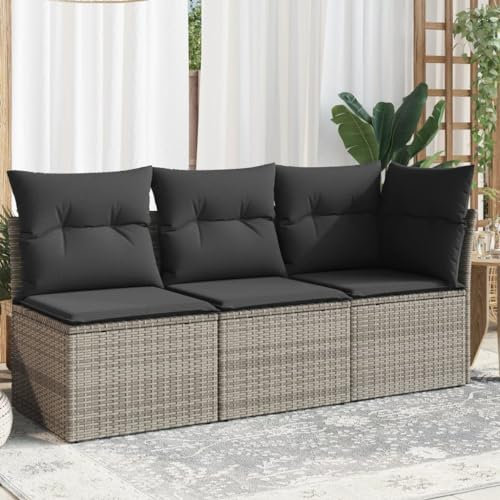 HEFZGDB Gartensofa mit Kissen 3-Sitzer Grau Poly Rattan Gartenbank Gartenlounge Outdoor Sofa Geeignet für Garten, Terrasse, Pool.