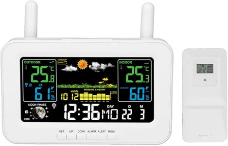 Digitale Indoor-Outdoor-Wetterstation mit Alarm und Barometrischer Temperatur- und Luftfeuchtigkeitsvorhersage. Mondphasenwecker für Temperatur- und (EU-Stecker 100V-240V)