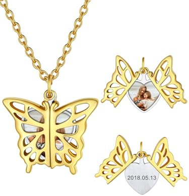 U7 Gold Kette für Damen Hohler Schmetterling Anhänger Halskette mit Bild Fotokette mit Gravur Medaillon zum Öffnen für Bilder Memorial Kette Fotoanhänger Collier Modeschmuck für Weihnachten