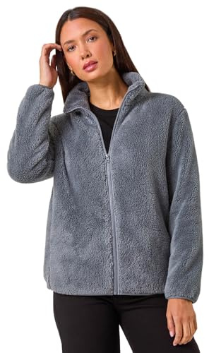 Roman Originals Soft Sherpa Fleece Jacket for Women UK - Ladies Autumn Everyday Winter Holiday Pull-On Comfy Soft Vacation Work Teddy Coat - Dark Grey - Size S