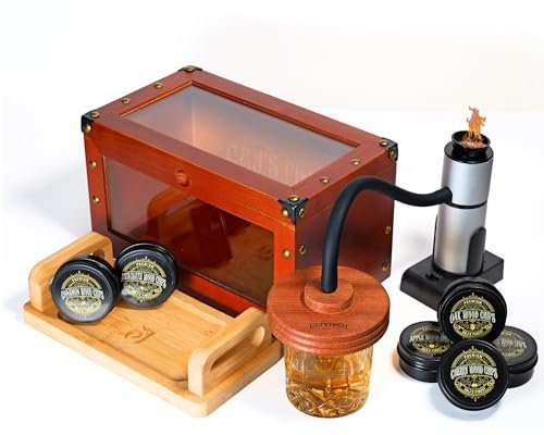Cocktail Smoking Box | Whiskey Smoker Kit with Smoking Gun, Smoker Box, 6 Flavors Wood Chips for Bourbon | Old Fashioned Smoker Kit with 2 Windows, Gifts for Men (Torch Not Req'd)