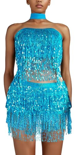 Baisdan Pailletten-Quastenrock für Damen und Mädchen, glitzernde Paillettenröcke, Festival-Outfit, Karnevalskostüme (Taille/Brustumfang unter 80 cm), 2 Stück, hellblau, Einheitsgröße
