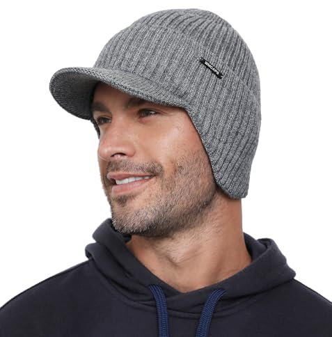 Wmcaps Wintermütze mit Ohrenschützern, Strickmütze für Herren Dickes Warmes Futter Wind und Kältefest Ski-Gehörschutz, Geschenke für Männer Frauen Freundinnen, Grau
