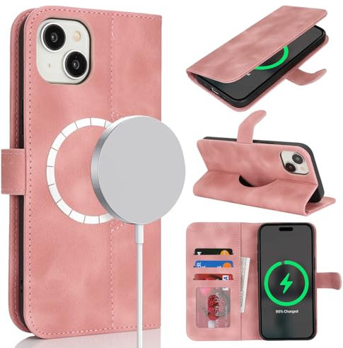Zouzt Case for iPhone 14/13 (6.1), [Compatible with MagSafe] Magnetic PU Leather Wallet Case with Card Holders and Kickstand, Wireless Charging Flip Folio Phone Cover - Vintage Rose Gold