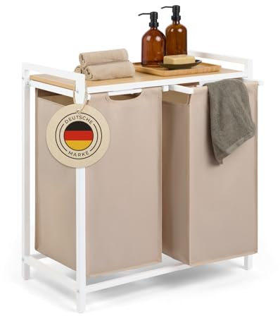 Blumtal Wäschesammler 2 Fächer Creme - Wäschekorb mit Ablage in Bambus-Optik - Wäscheschrank mit Metall-Rahmen in Weiß - Wäschekorb mit Beinen - Wäschesortierer 2 Fächer - Laundry Organizer