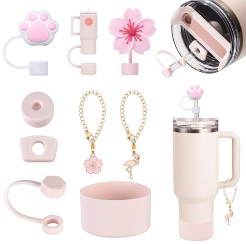 Yuecda Stanley Lot de 9 accessoires, y compris une housse de protection en silicone, un kit de bouchons anti-fuite, un couvercle de paille, des bijoux suspendus, convient aux tasses Stanley de 1,2 l