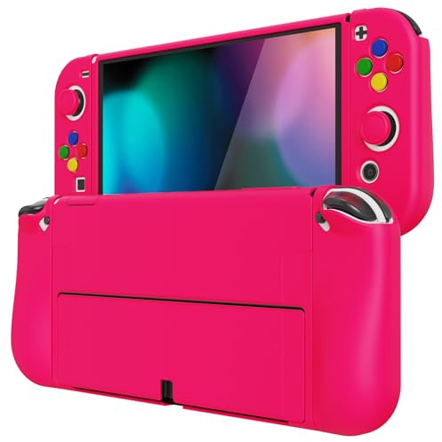 PlayVital TPU-Schutzhülle für Nintendo Switch OLED Konsole & Joycon | Weiche Case, Hülle Cover Zubehör, mit Sticks Kappen & ABXY Richtungstastenkappen, ZealProtect , Leuchtend rosa