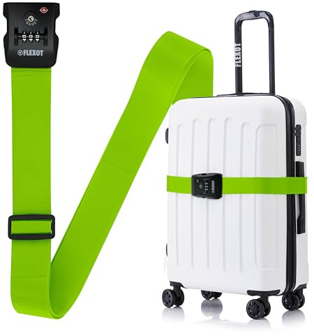Flexot® F-3046 | Koffergurt mit Clip-Schnalle, TSA + Zahlenschloss | Verstellbare Länge | reißfestes Gewebe | für alle Koffer wie Handgepäck, Reisekoffer aus ABS oder Stoff (Neongrün)