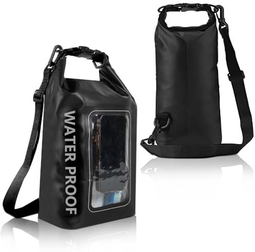 Riisoyu 5L Dry Bag, IPX6 wasserdichte Tasche mit Handytasche Touchscreen Schwarz Wasserdichter Packsack mit Bauchtasche und Tragegurt Ultraleicht Robust für Camping Wassersport Schwimmen und Tauchen