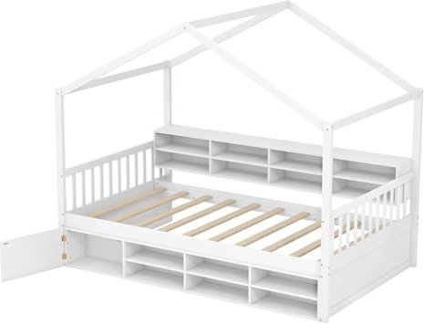 Giantex Canbana-Bett für Kinder, 115 x 200 cm, Bodenbett aus Holz mit Barriere, 14 Aufbewahrungswürfel, Schrank, 10 Latten, Design in Hausform, Belastung 200 kg, Montessori-Bett für Mädchen, Jungen,