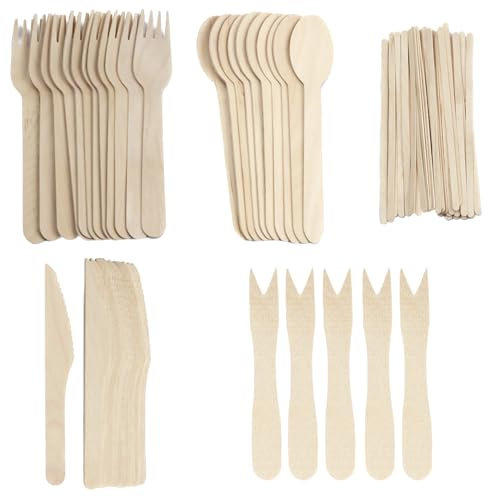 1000 piezas - Juego de cubiertos desechables de madera, cubiertos desechables (200 tenedores, 200 cuchillos, 200 cucharas, 200 mini tenedores y 200 agitadores desechables