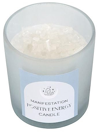 Manifestation Positive Energy Candle, White Sage Scented, Clear Quartz Crystal Infused, Rose Gold Lid