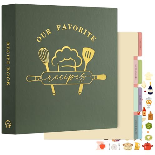 Lanpn Recipe Binder 8.5x11 3 Ring Kit, Waterproof Recipe Book Organizer Binder to Write in Your Own Recipes, Blank Cookbook with 60 Plastic Sleeves,116 Recipes, Dividers, Labels & Stickers, Green