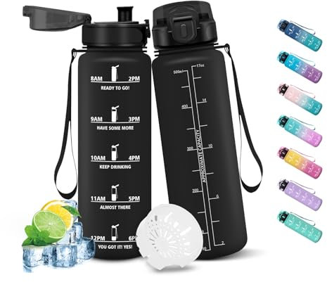 HoneyHolly Botella Agua 500ml, Reutilizable, Botella de Agua, Prueba de Fugas, Botella Agua Gimnasio, Marcador de Tiempo Deportiva, Cantimplora, Botella Gym, para Fitness Oficina Escuela Yoga