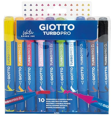 GIOTTO Turbo Pro Felt Tip Dual Tip Primary Colours 10 Pieces | For Children, Parties & Primary Schools