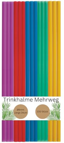 DeinPack 100 Mehrweg-Trinkhalme aus Kunststoff - Ø8mm Länge 240mm - Nachhaltig & Wiederverwendbar - Ideal für Cocktails & Drinks - Bunte Strohhalme in Premium PP-Qualität