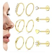 Morfetto 10Pcs Tragus Piercing Gold Silber Helix Piercings Chirurgenstahl 316L Nasenpiercing Stecker 18G/20G Nase Push-In Flat Hypoallergene Nasenstecker Labret Medusa Conch Piercing Ohr Ohrringe Set