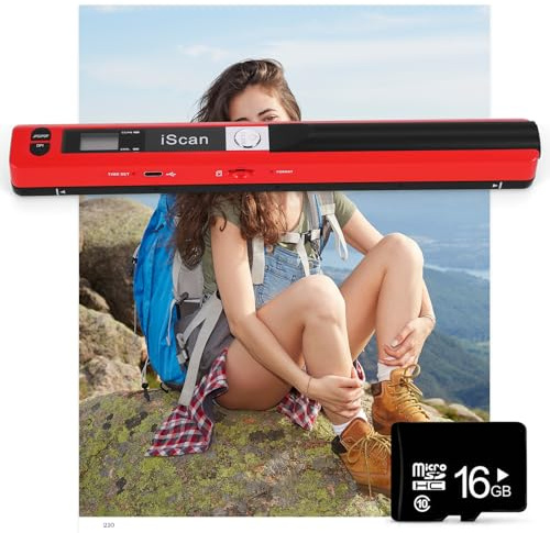 AOZBZ Portable Document Scanner, Red 900DPI Hand Held USB Image Scanner A4 Colour Photo Mobile Scanner Handy Scan (JPG/PDF Format, High Speed USB 2.0, Micro Need SD/TF Card Included)